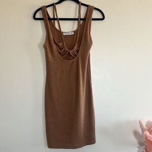 Ramona Sleeveless Tank Tie Bust Tan Mini Bodycon Dress Medium